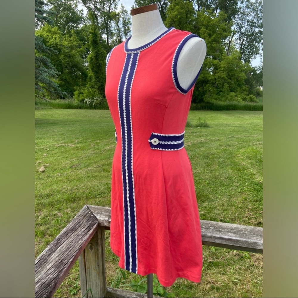 Lilly Pulitzer Coral Mini Dress with Navy & White Stripe Trim